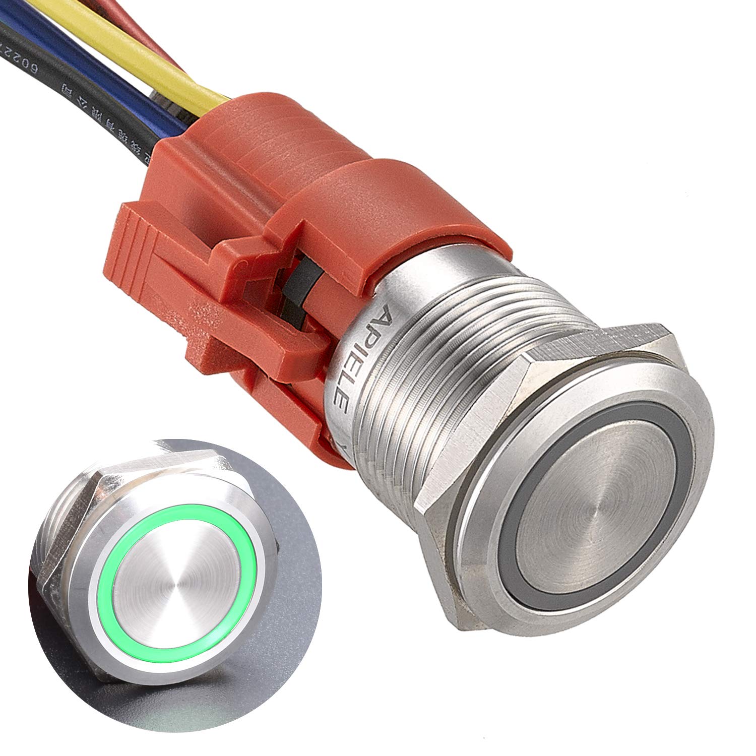 APIELE 19mm Latching Push Button Switch 12V DC Angel Eye Halo Ring LED Metal 0.74" 1NO1NC SPDT with Wire Socket Plug (Green)