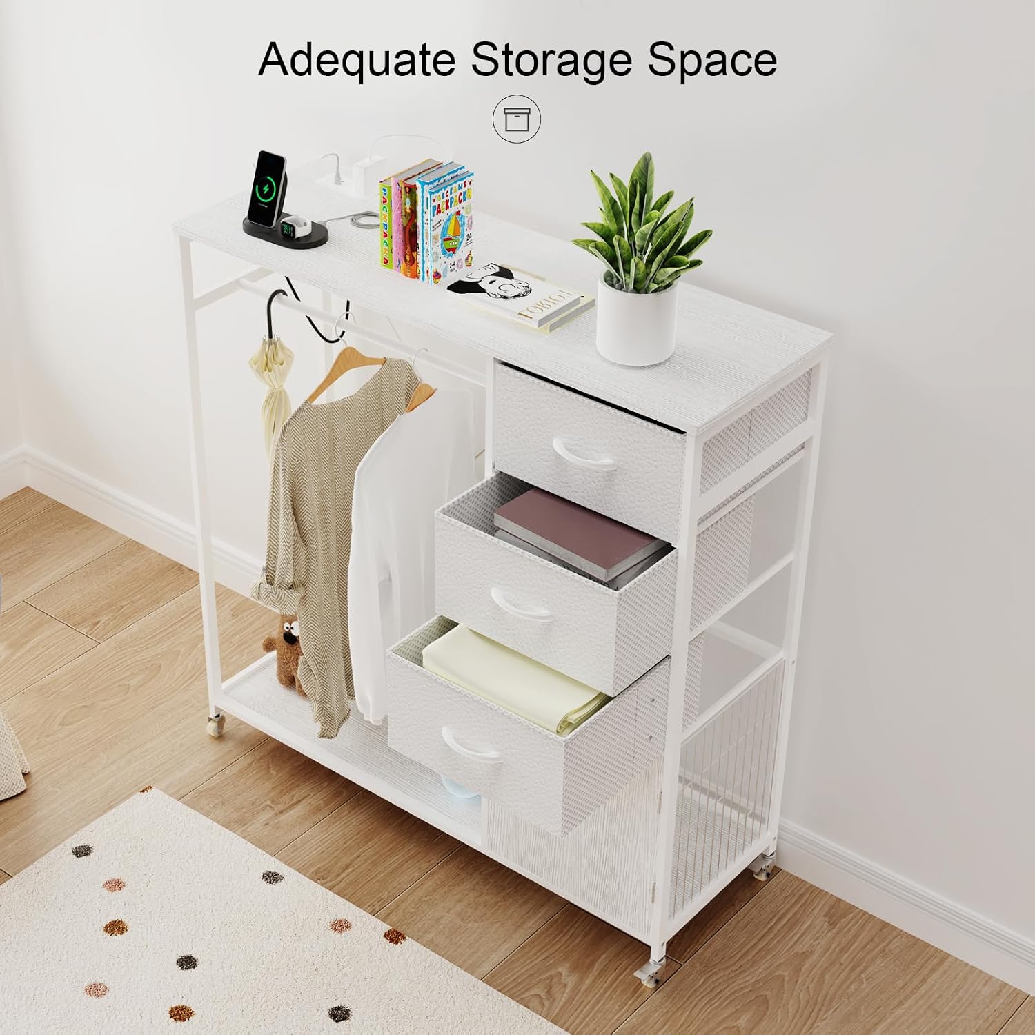 ITEFDTUTNE Dresser for Bedroom, Dresser with Clothes Rack Led Lights and Charging Station, White Bedroom Dresser with 3 PU Finish Drawers Storage Cabinet, for Living Room, White, W00802