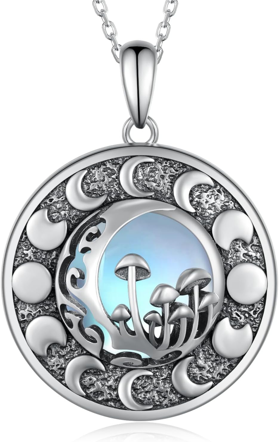 Mushroom Necklace Sterling Silver Mushroom Moonstone/Moss Agate Pendant Necklace Moon Phase Jewelry Gift for Women