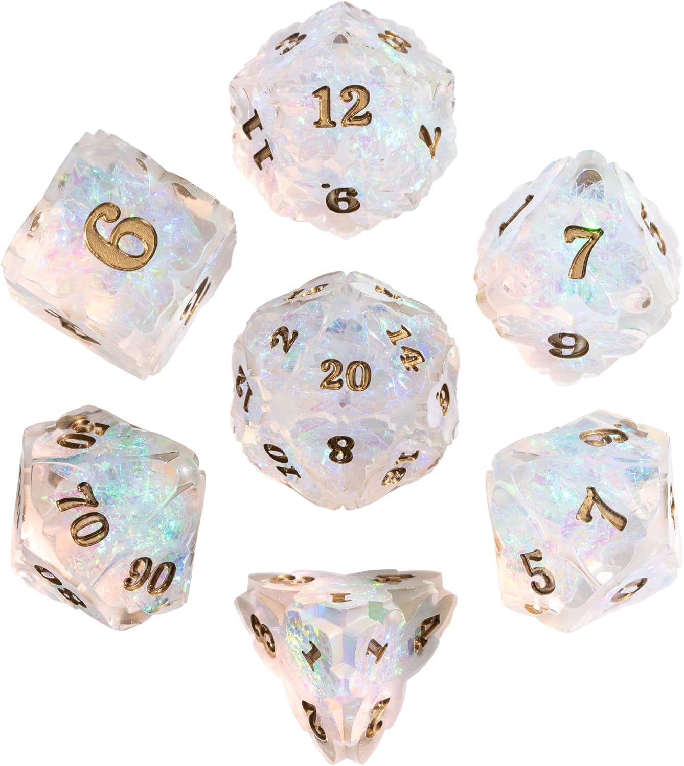 Cusdie Sharp Edge DND Dice, 7 PCS Shamrock DND Dice Set D&D D20 D12 D10 D8 D6 D4, Handcrafted Polyhedral Dice Set for RPG and Other Table Games(Transparent)