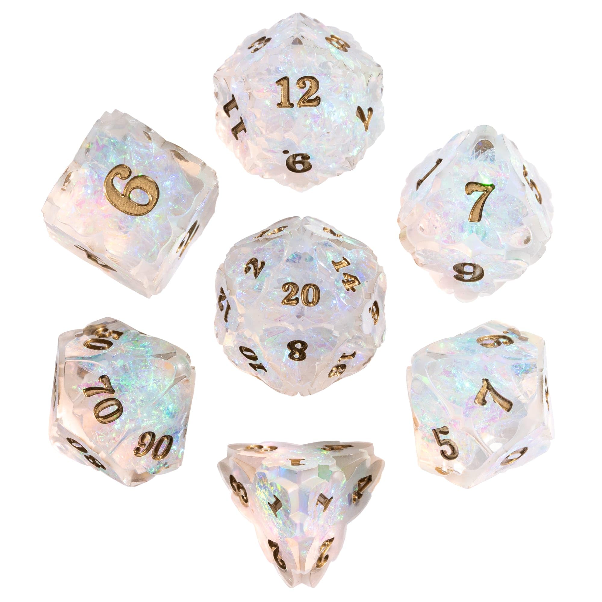 Cusdie Sharp Edge - Juego de 7 dados de trébol DND D&D D20 D12 D10 D8 D6 D4, juego de dados poliédricos hechos a mano para juegos de rol y otros juegos de mesa (transparente)