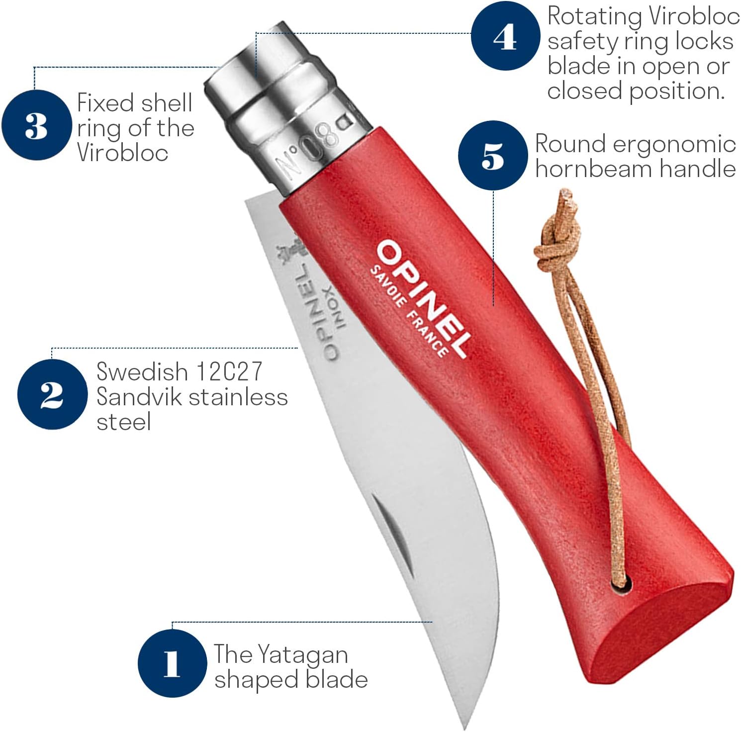 Opinel Colorama Series No. 8 - Stainless Steel Everyday Carry Folding Pocket Knife with Leather Strap, Painted Hornbeam Handles