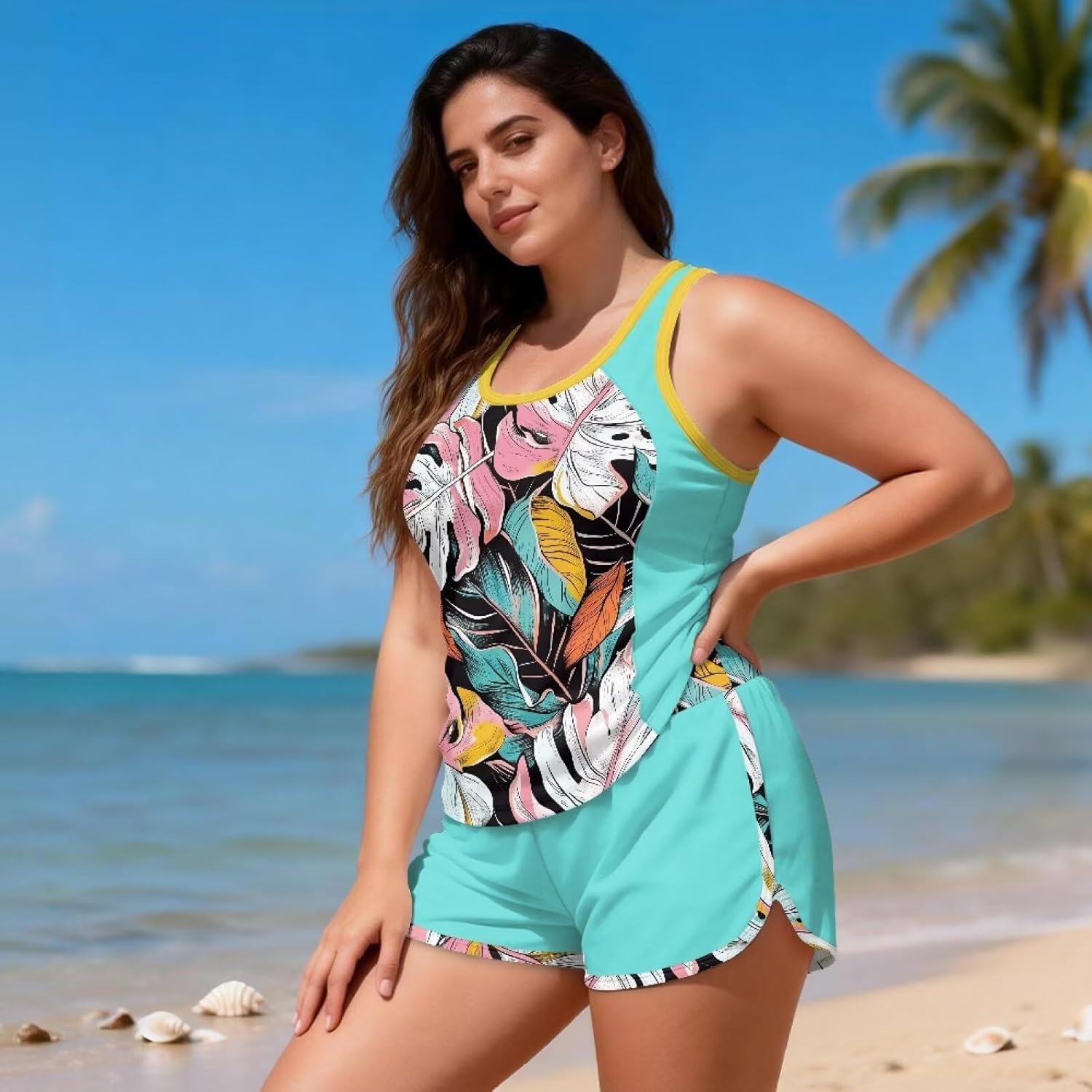 Women's 2 Piece Tankini Swimsuits with Shorts Beach Athletic Swimwear Bathing Suits Swim Shorts Side Pockets S-6XL