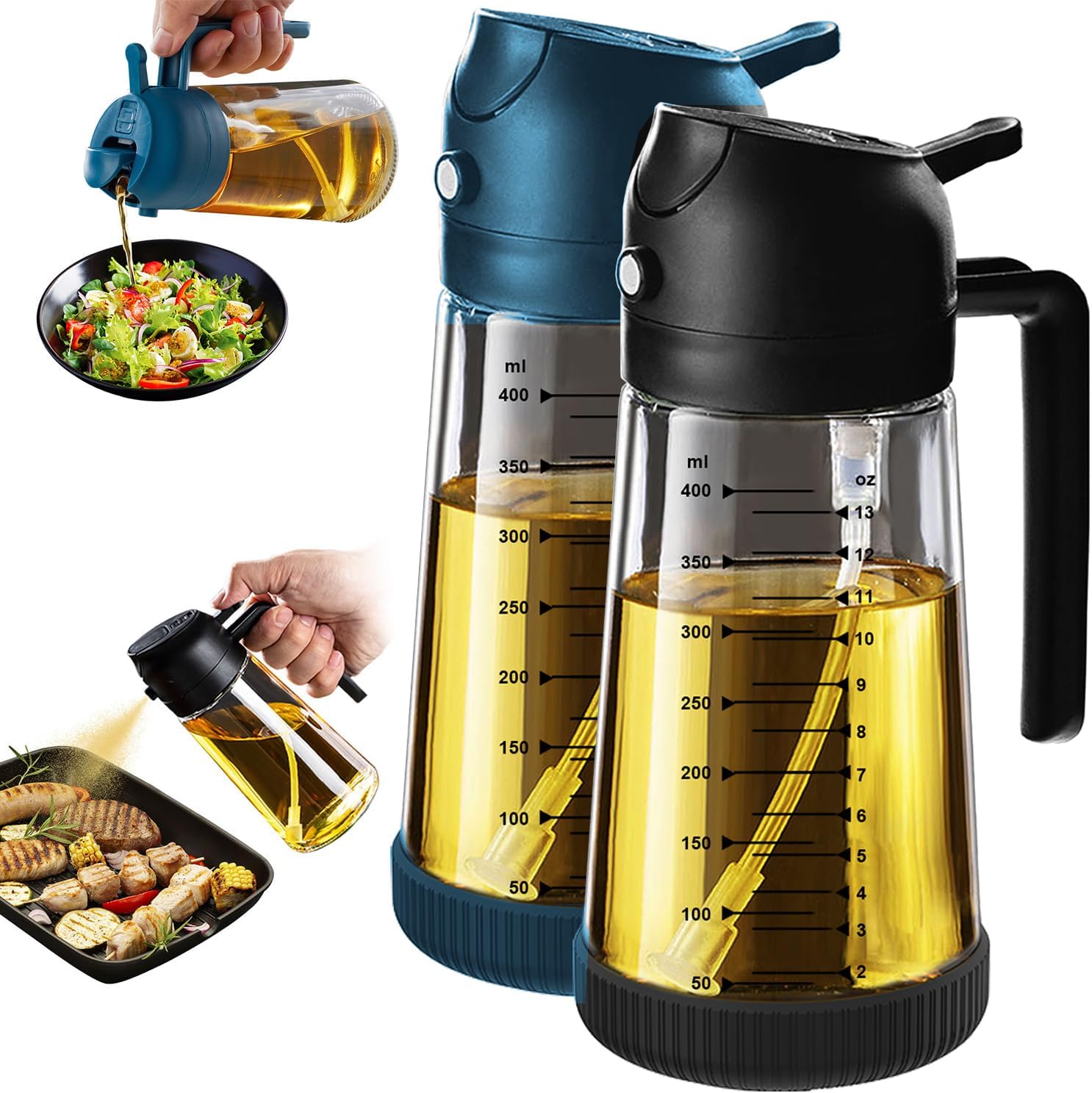 TrendPlain 16oz/470ml Glass Olive Oil Sprayer for Cooking – 2 in 1 Olive Oil Dispenser Bottle for Kitchen Gadgets and Air Fryer Accessories, Salad, BBQ - Black & Navy