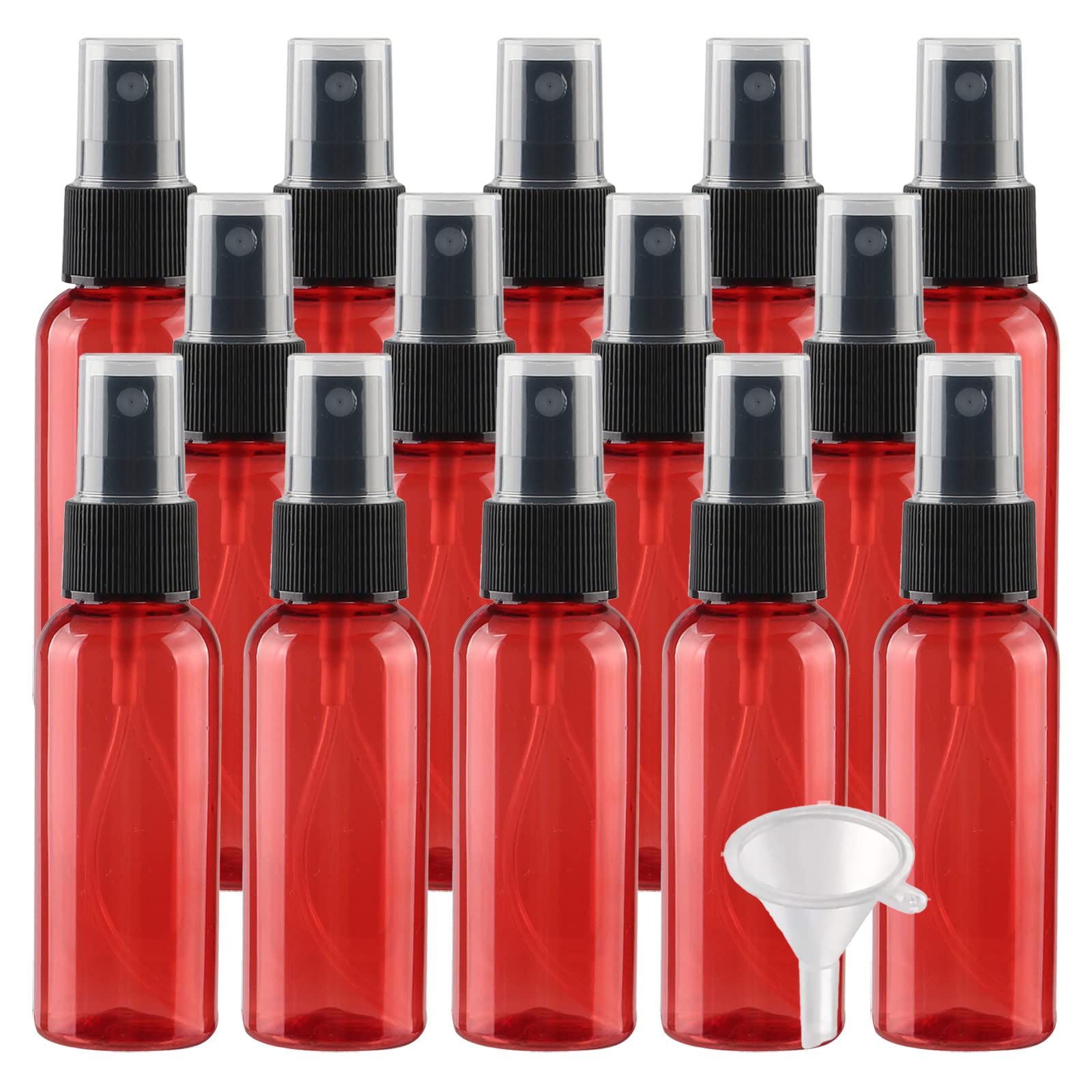 100 Stück Leer 50ml Rot Plastik PET Sprühflasche Reise Zerstäuber mit Schwarz Sprühkopf, Klein Feinen Nebel Parfümzerstäuber Reiseflaschen mit 4X Trichter