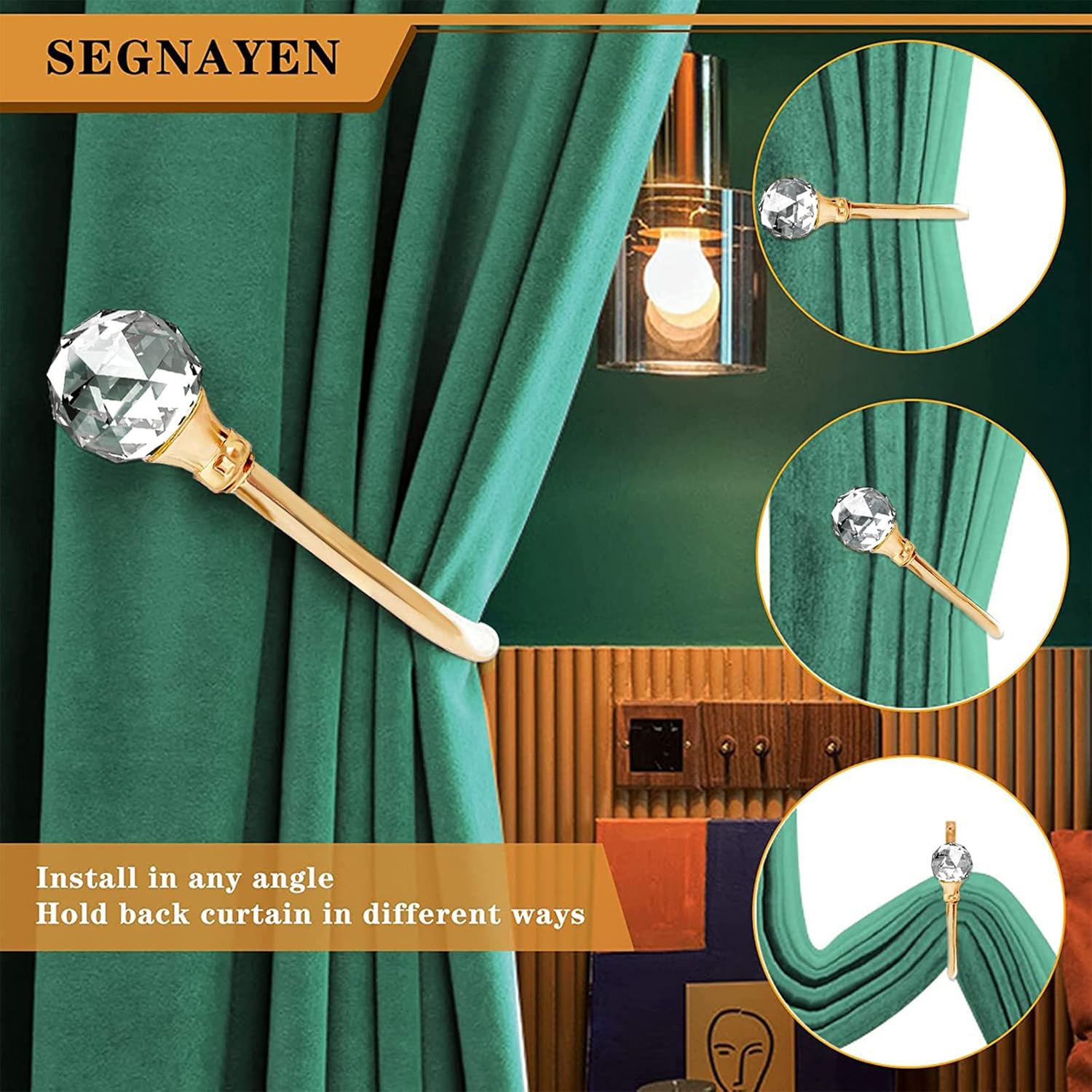 Curtain Holdbacks, Curtain Tiebacks Hooks for Drapes, Crystal Curtain Holdback Gold Curtain Holders for Wall Metal Drapery Hooks Decorative Window Treatment Holdbacks (Gold)