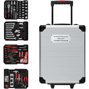Complete Tool Box with Wheels Metal Portable Manual Spare Parts Set