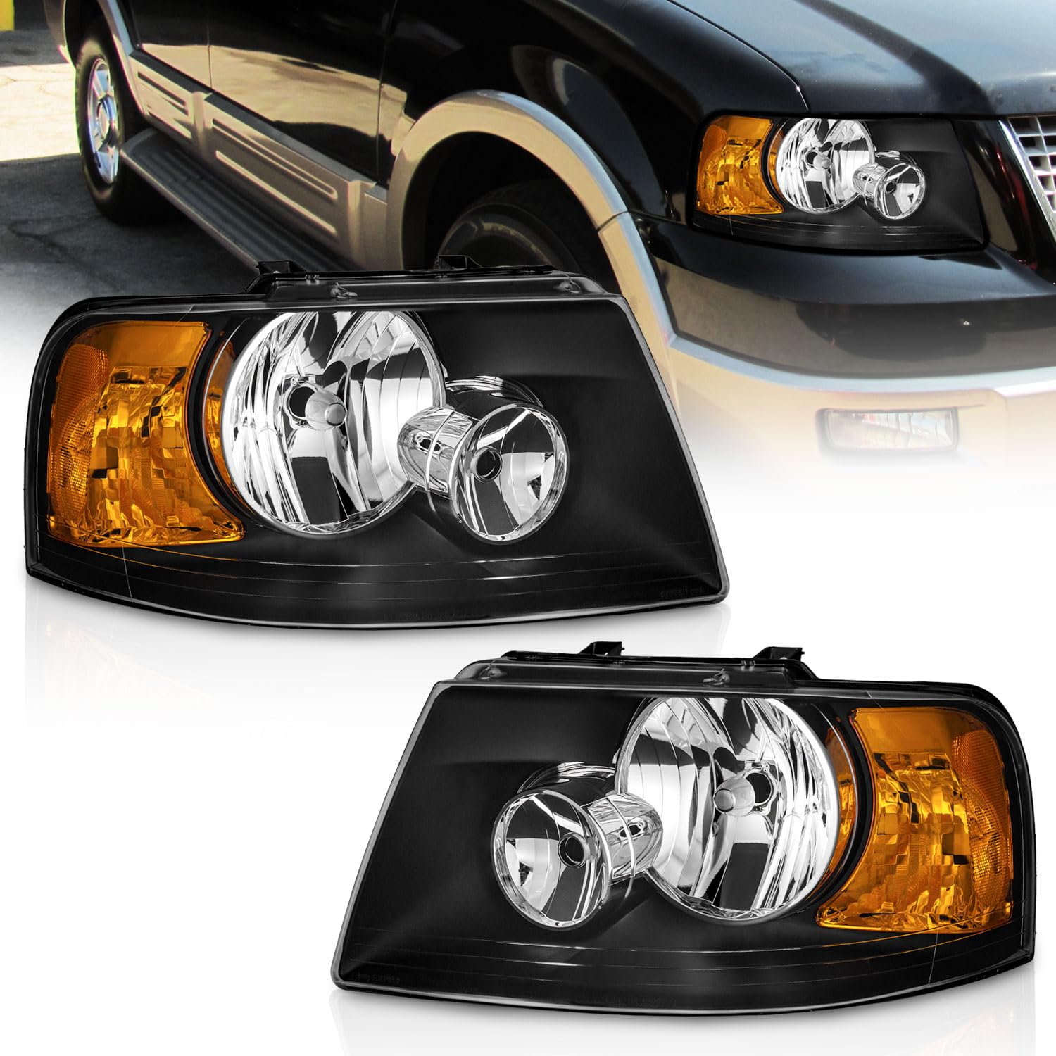 WEELMOTO Headlights Assembly Compatible with 2003-2006 Ford Expedition, Headlamp Replacement for 03 04 05 06 Headlight Black Housing Amber Reflector