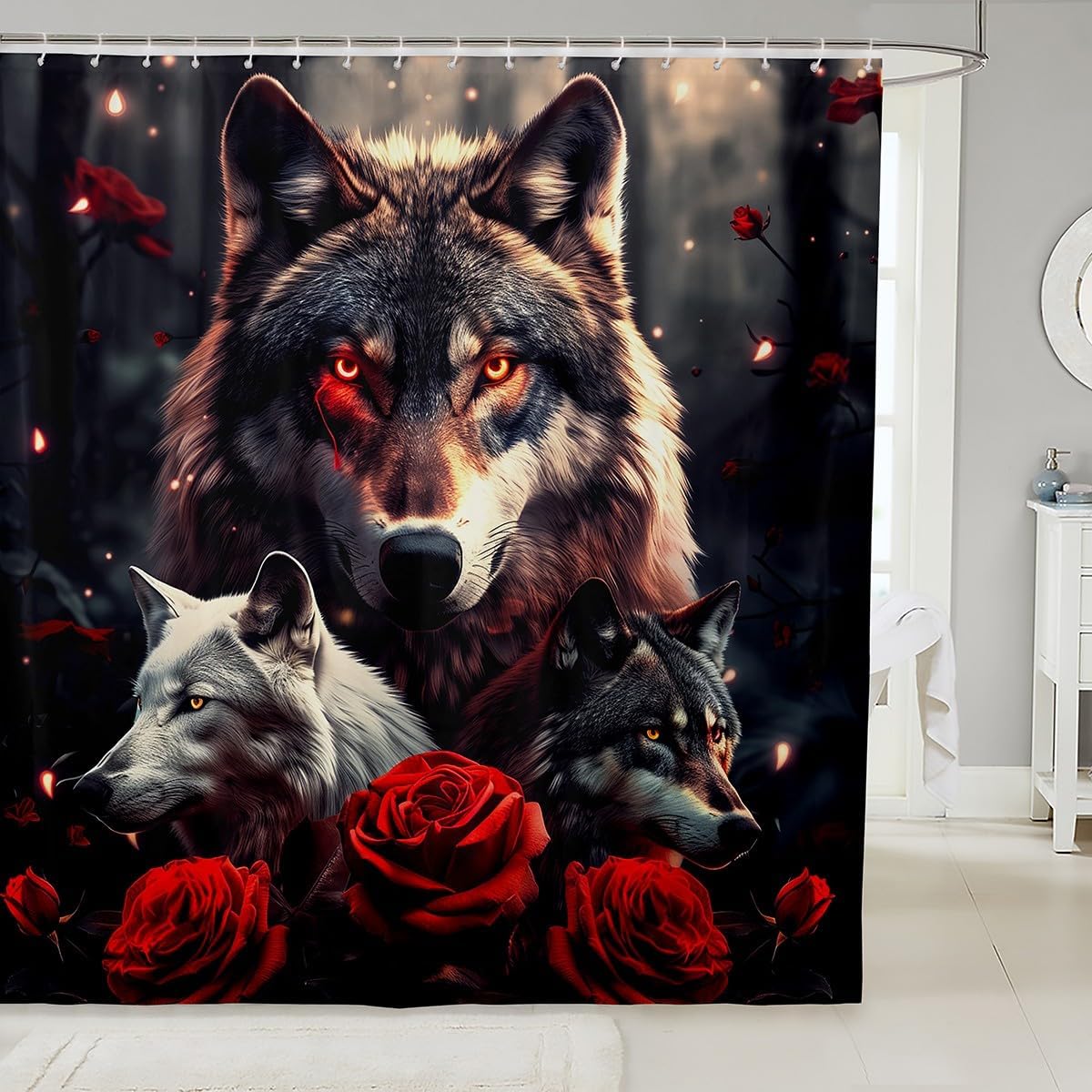 jejeloiu Kids Wolf Shower Curtain 72" L x 72" W Red Rose Bath Curtain for Boys Girls Safari Animal Pattern Bathroom Shower Curtain Set Bathroom Accessories