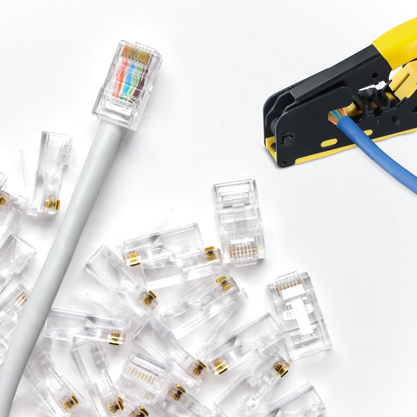 Crimpzange RJ45 Set, Netzwerk Werkzeug, Crimpwerkzeug mit 50PCS CAT6 Stecker, Schutzabdeckungen, für Netzwerkstecker CAT5/Cat5e/CAT6/CAT7