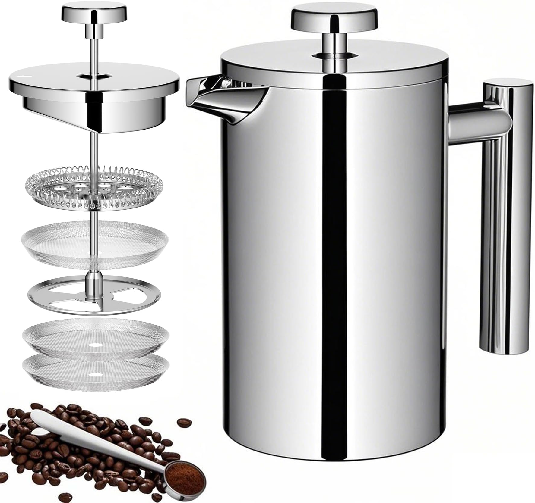 French Press Coffee Maker, 600ml/20oz Silver Stainless Steel Coffee Press, Double-Wall Insulated, Food Grade & Rust-Free, Included 2 Extra Filters, Dishwasher Safe