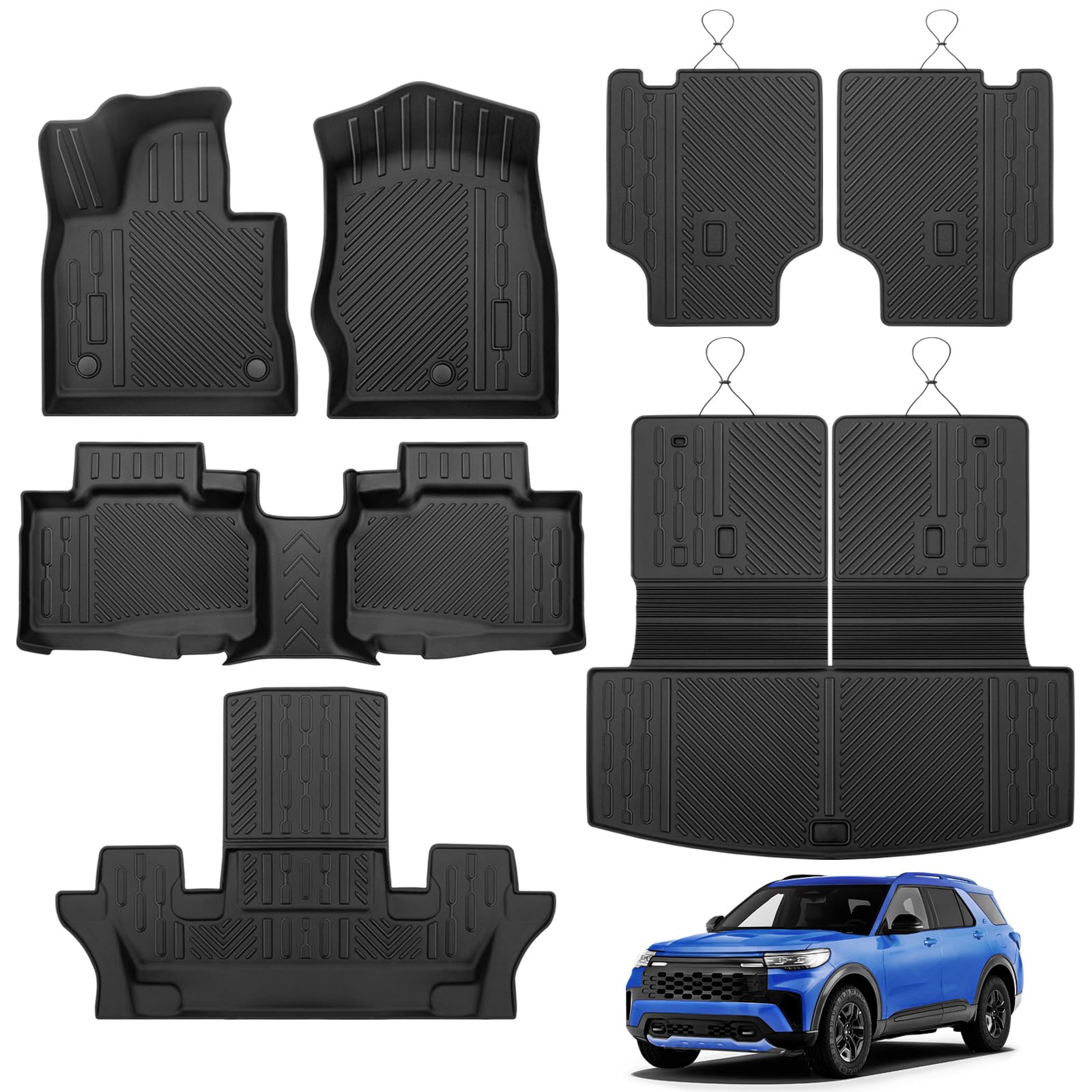 Floor Mats for 2020-2025 Ford Explorer 6-Seat Captain Chairs All Weather TPE Cargo Mat with Backrest Mat for Ford Explorer Accessories 2025-2020 6 Passenger Active/ST Line/ST/Platinum Black