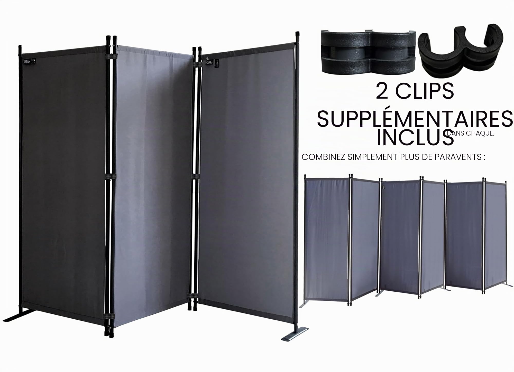 QUICK STAR Paravent 170 x 165 cm Séparateur de Tissu Jardin en 3 Parties Pliable Balcon Écran de confidentialité partition Gris
