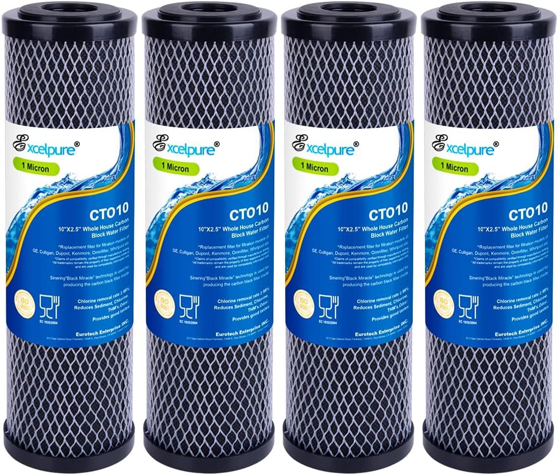 1 Micron 10″ x 2.5″ Whole House CTO Carbon Water Filter Cartridge Replacement for Home Countertop System, Dupont WFPFC8002, WFPFC9001, FXWTC, SCWH-5, WHEF-WHWC, WHCF-WHWC, CTO10, T01, 4PACK