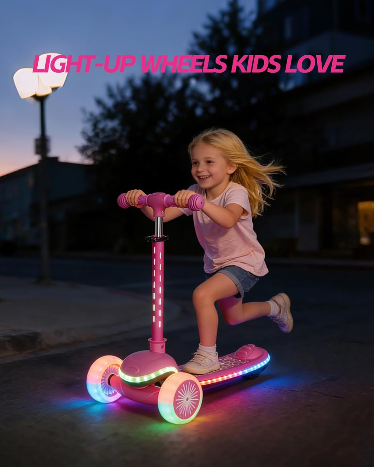 Kids Scooter for Toddlers Ages 2-5, 3 Wheel Scooter with Lean-to-Steer, Adjustable Handlebar, Anti-Slip Deck, Light-Up Wheels, Foldable First Scooter for Boys and Girls