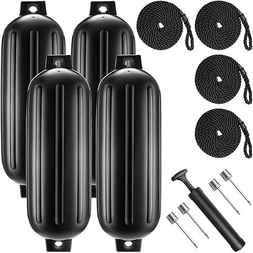 8.5 x 27 Inches Twin Eyes Ribbed Boat Fenders 4 Pack Boat Fenders Bumpers with Lines and Pump to Inflate for Docking
