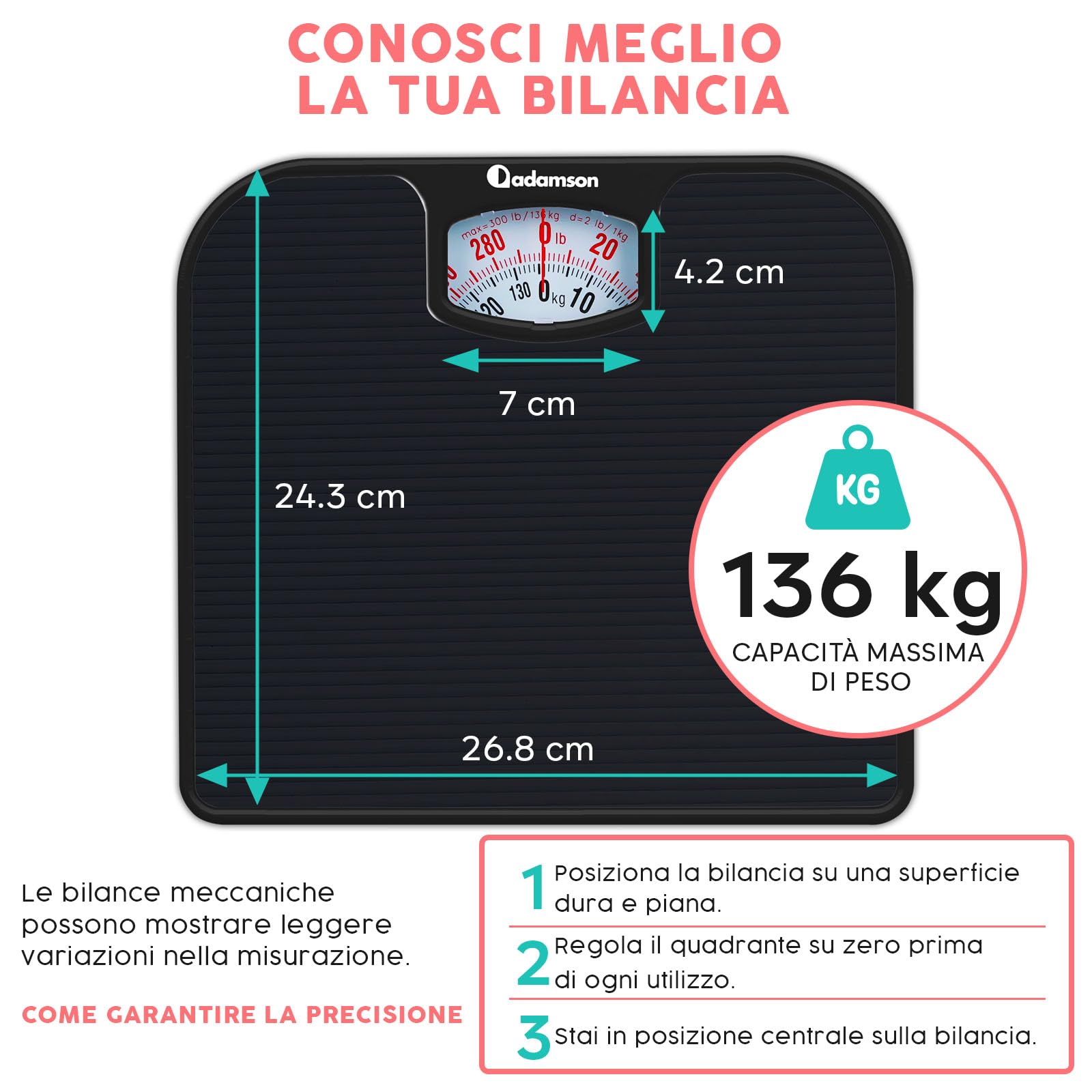 Adamson A21 Bilancia Pesapersone Meccanica - Fino a 136 KG - Superficie in Gomma Antiscivolo - Bilancia Pesapersone Analogica - Bilancia Analogica con 20 Anni DI Garanzia - Nero Completo