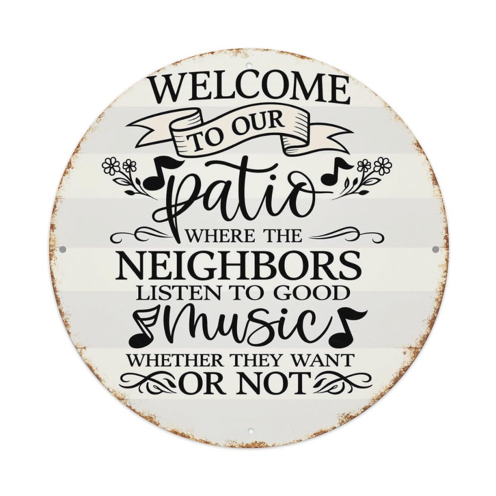 Welcome To Our Patio Music Sign Vintage Round Tin Sign Retro Metal Wall Decor Metal Poster, Home Bar Garage Cafe Wall Art Decoration 8x8Inches
