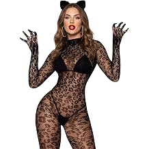 Fishnet Bodysuit, One Piece Fishnet Bodystocking Lingerie Full Body See Through Leopard Jumpsuit OneSize 90-165 Lbs