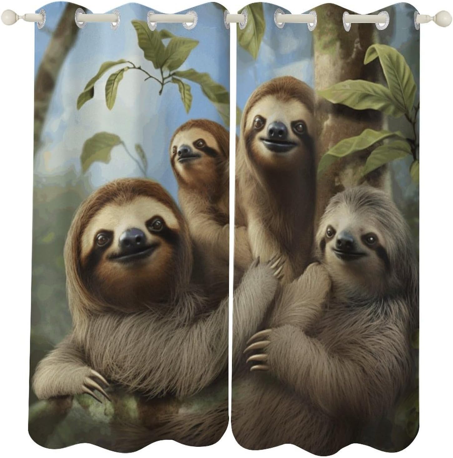 Sloth Family Printed Perforated Curtains, Insulated Curtains for Winter, Thermal Drapes are Suitable for Most Windows, Balconies