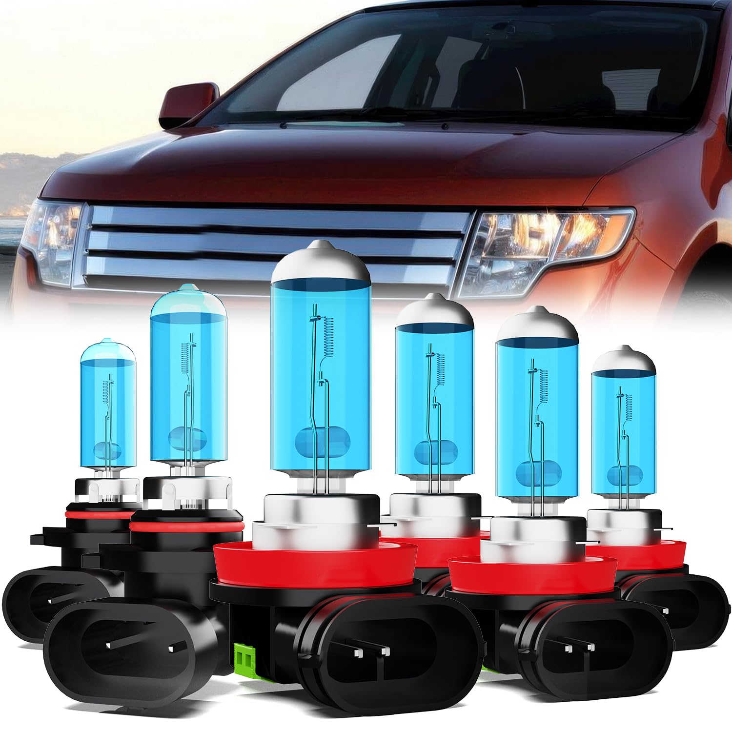 Headlight Bulbs Compatible With Ford Edge 2007-2010, 9005 + H11 High Low Beam + H11 Fog Lights Halogen Light Bulb, Super Bright 6000K White, Plug and Play, Pack of 6