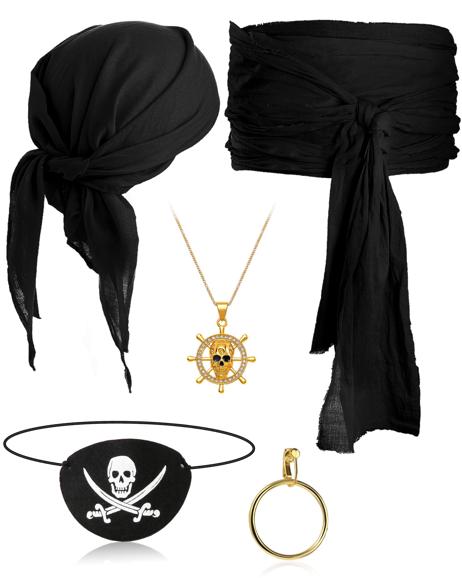 5 Pcs Captain Pirate Costume Accessories Set Pirate Eye Patch Large Sash Headband Necklace Earring for Women Men