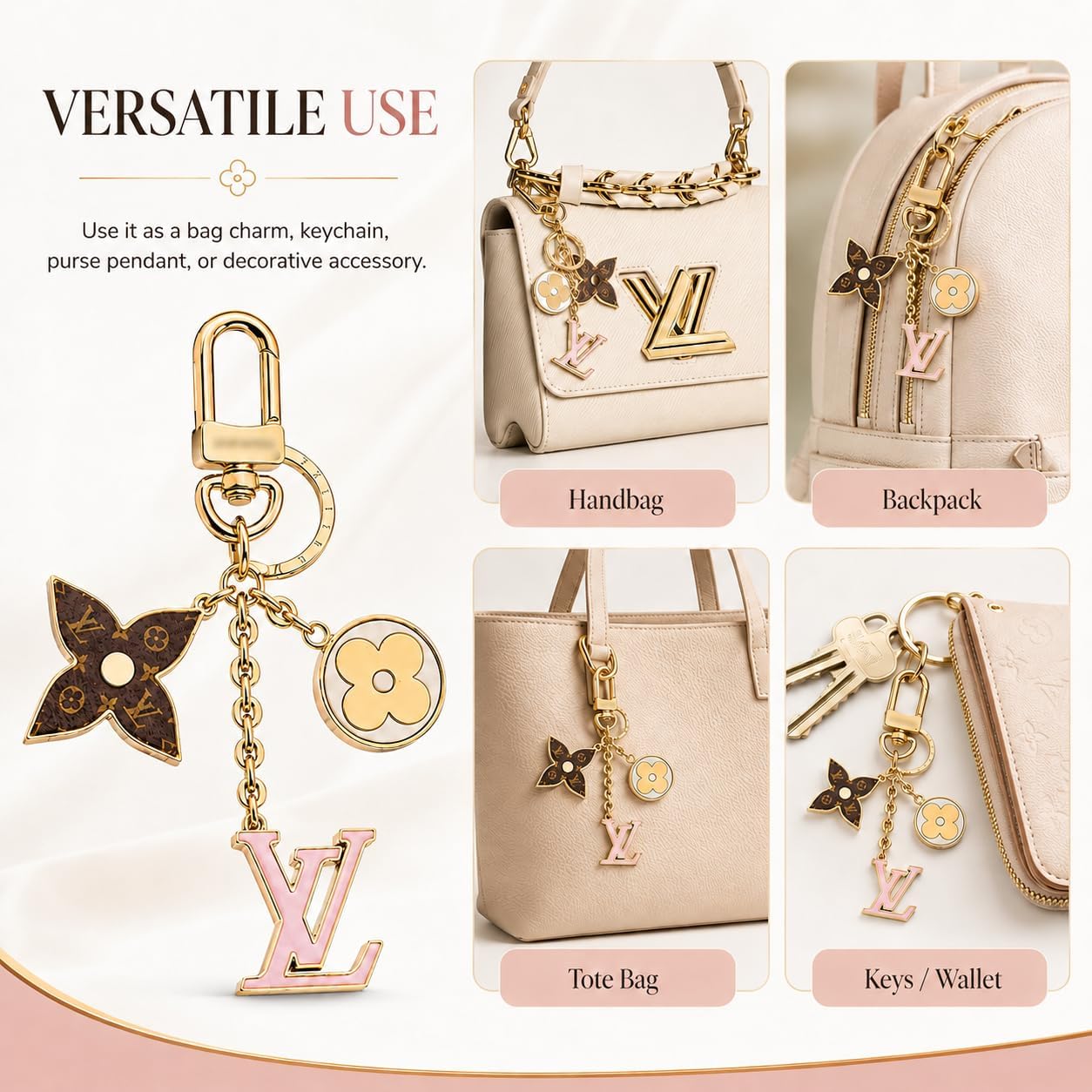 bag charm, keychain, purse charm, handbag pendant, floral charm, gold-tone key holder, decorative keyring, backpack charm, women’s accessories