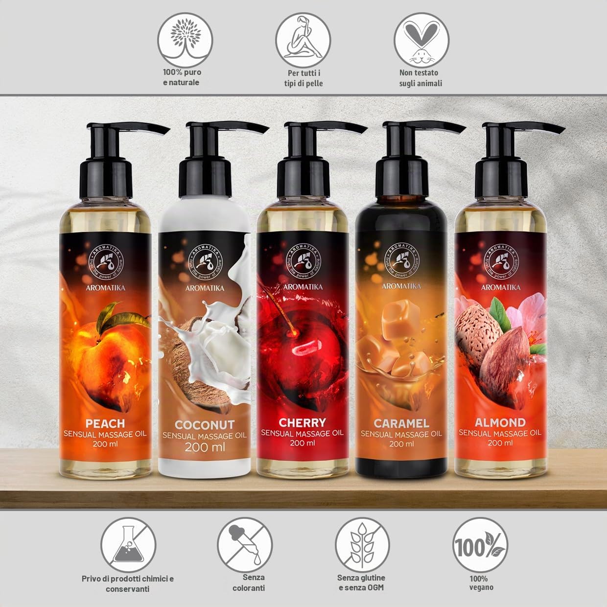 Sensual Massage Oil Set 2x200ml - Pesca e Ciliegia - Olio da massaggio commestibile e baciabile - Miscela di oli di mandorle e vinaccioli e macadamia - Olio per il corpo per lui e lei - per coppie