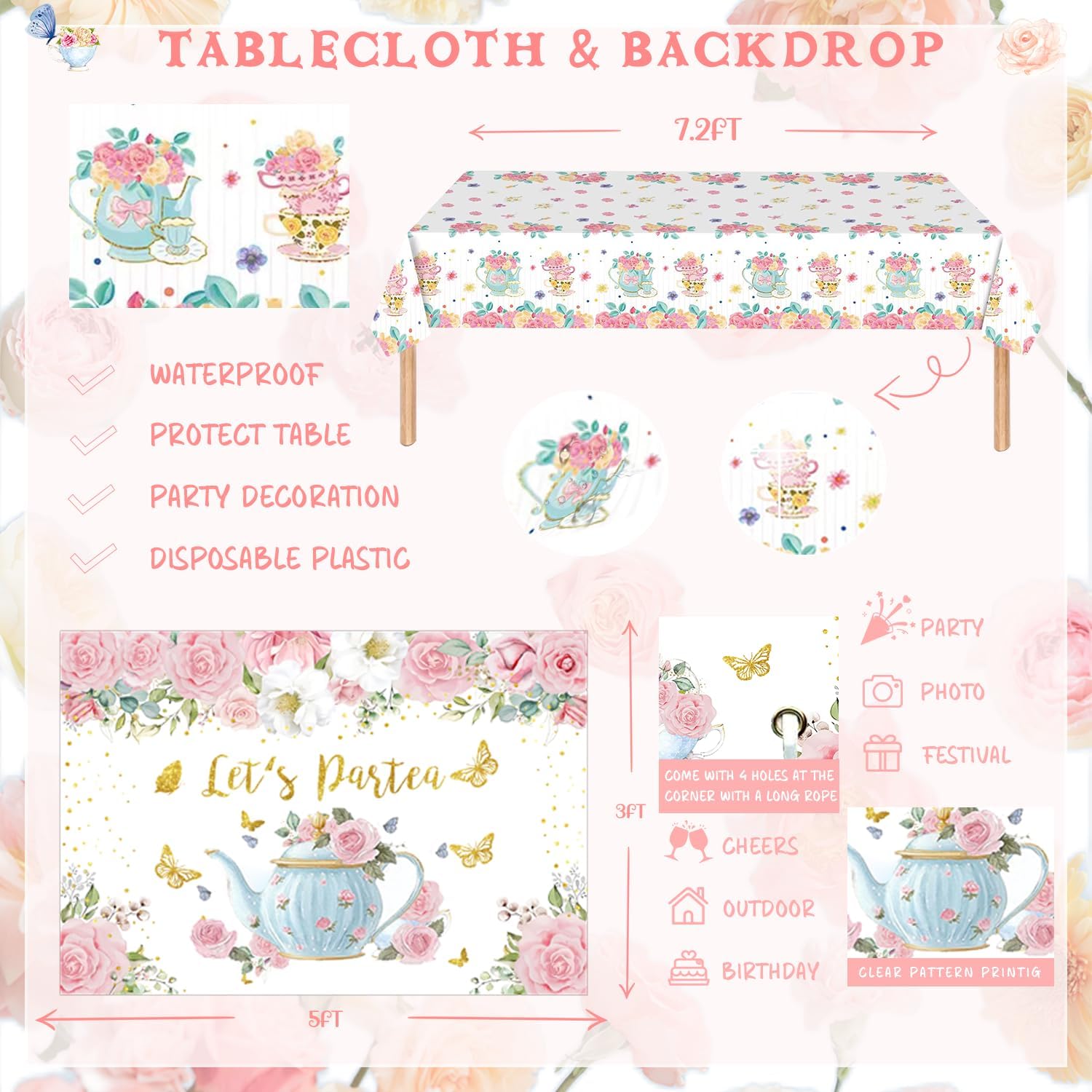 126pcs Tea Party Decorations Kit, Let's Partea Birthday Party Decorations, Floral Par Tea Supplies Backdrop Tablecloth Balloon Garland Arch Kit Cake Cupcke Topper Cutout for Tea Birthday Party Girl