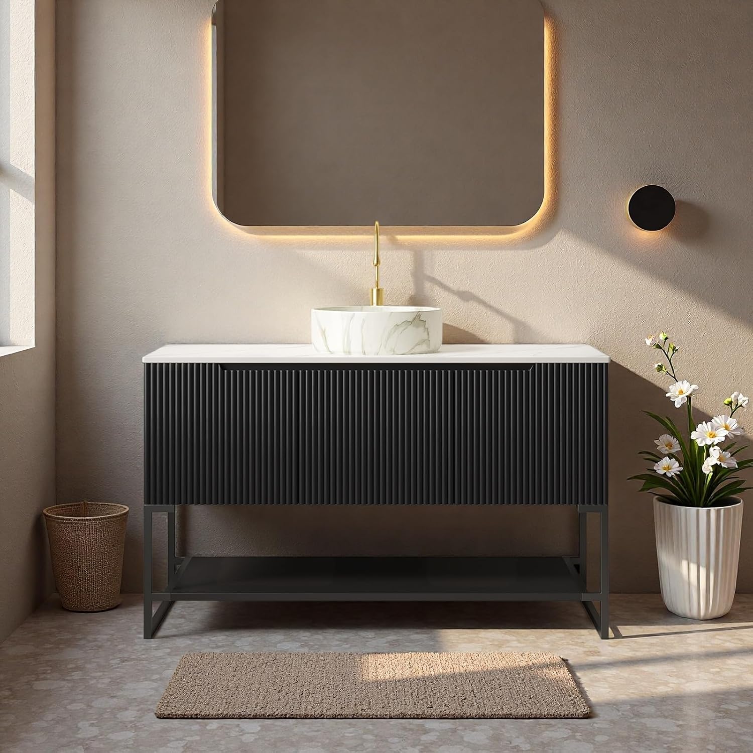 48" Freestanding Bathroom Vanity with Sink, Bathroom Vanity with Sintered Stone Countertop & Matte Round Ceramic Basin, Pre-Assembled Striped Storage Cabinet with 3 Doors & Open Shelf, Black