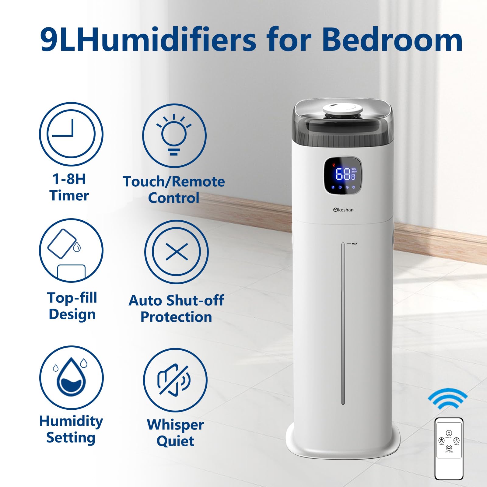 Akeshan - Humidificador grande para recámara, 9 L/2.5 galones, niebla fría ultrasónica, fácil de limpiar con velocidad de niebla grande de 350 ml/h, control remoto, torre silenciosa, adecuado para