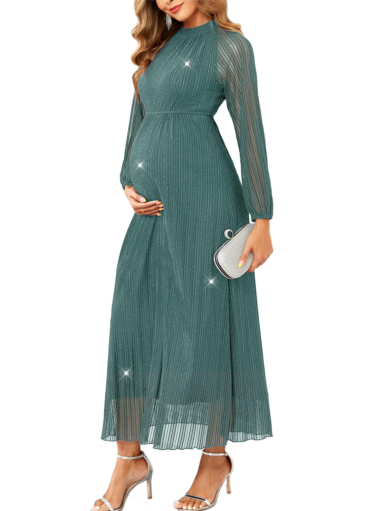 Maternity Dress Sparkly CYCLAMEN Formal Maternity Dress – Sparkly Halter Neck A-Line Maxi Gown For Baby Shower, Photoshoot & Wedding Guests