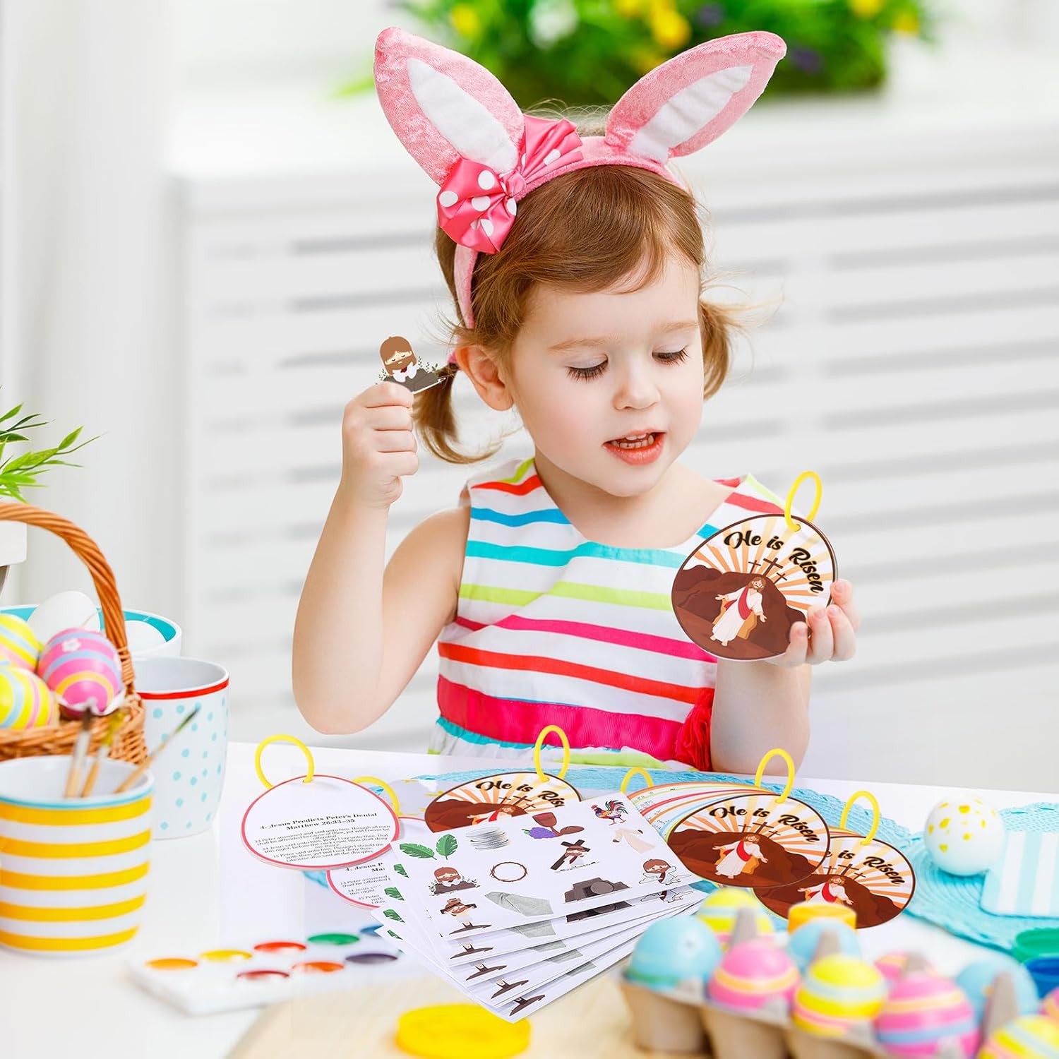 Frienda 24 Sets Easter Story Crafts with Stickers Holy Week Cards Bulk Christian Gifts Religious Sunday School Crafts Easter Basket Stuffers Egg Shaped Story Book Decorations