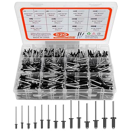520pcs Black Rivets Pop Rivets Assortment Kit, LJINGE 14 Sizes Aluminum Blind Rivets, Assorted Blind Rivets with Reinfored Divider & Labeled Case for Storage