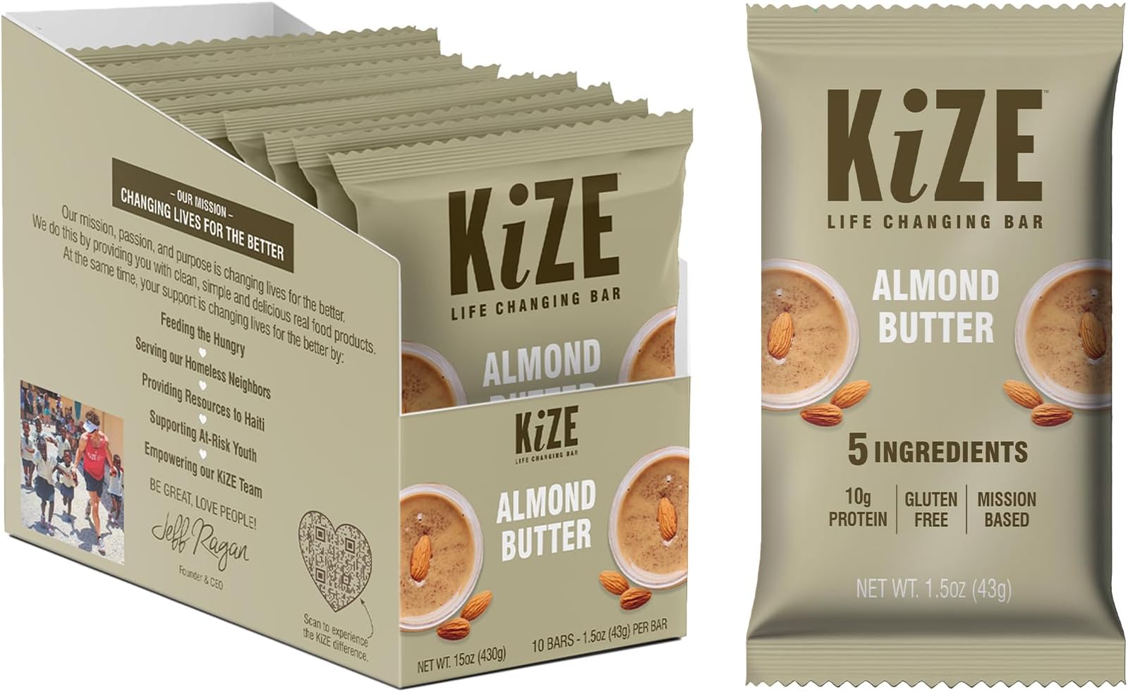 KiZE Bar, Almond Butter, 10g Protein, Gluten Free, Non-GMO, 5 Simple Ingredients