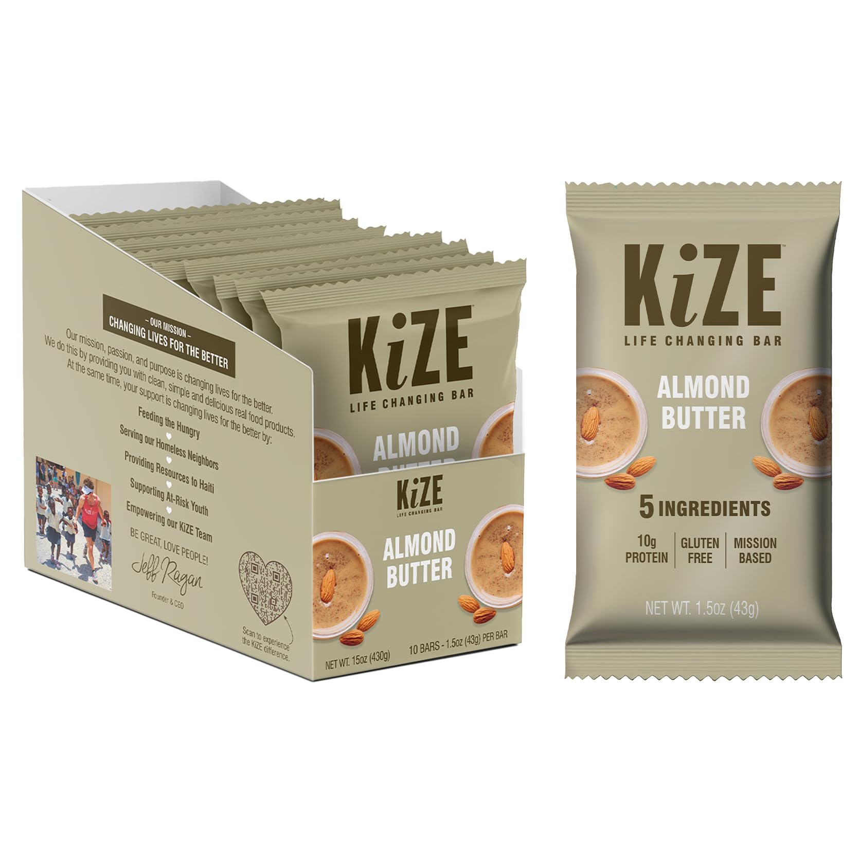 KiZE Bar, Almond Butter, 10g Protein, Gluten Free, Non-GMO, 5 Simple Ingredients