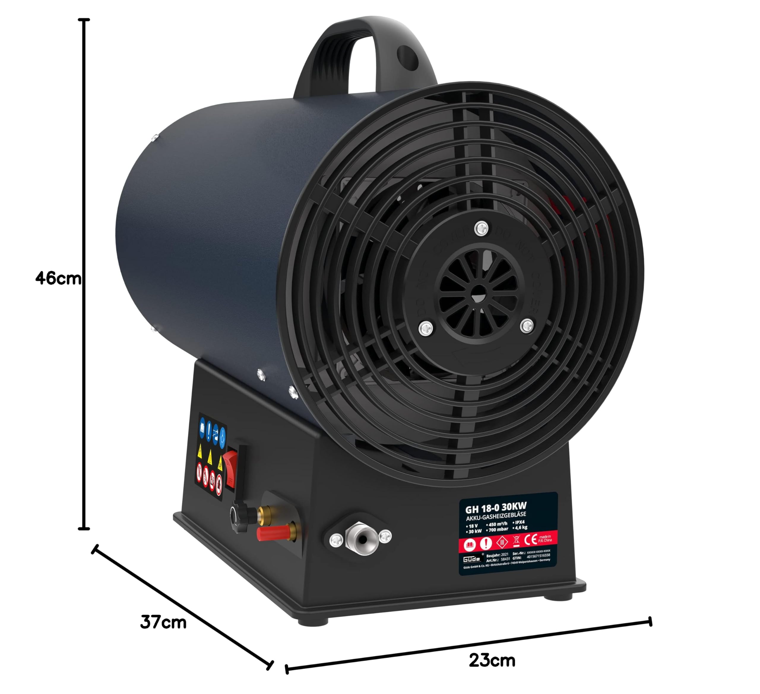 Güde GH 18-0 akumulatorowa dmuchawa grzewcza gazowa, 30 kW (palnik ze stali nierdzewnej, zapłon piezoelektryczny, reduktor ciśnienia, bez akumulatora i ładowarki), niebieska [klasa energetyczna A]