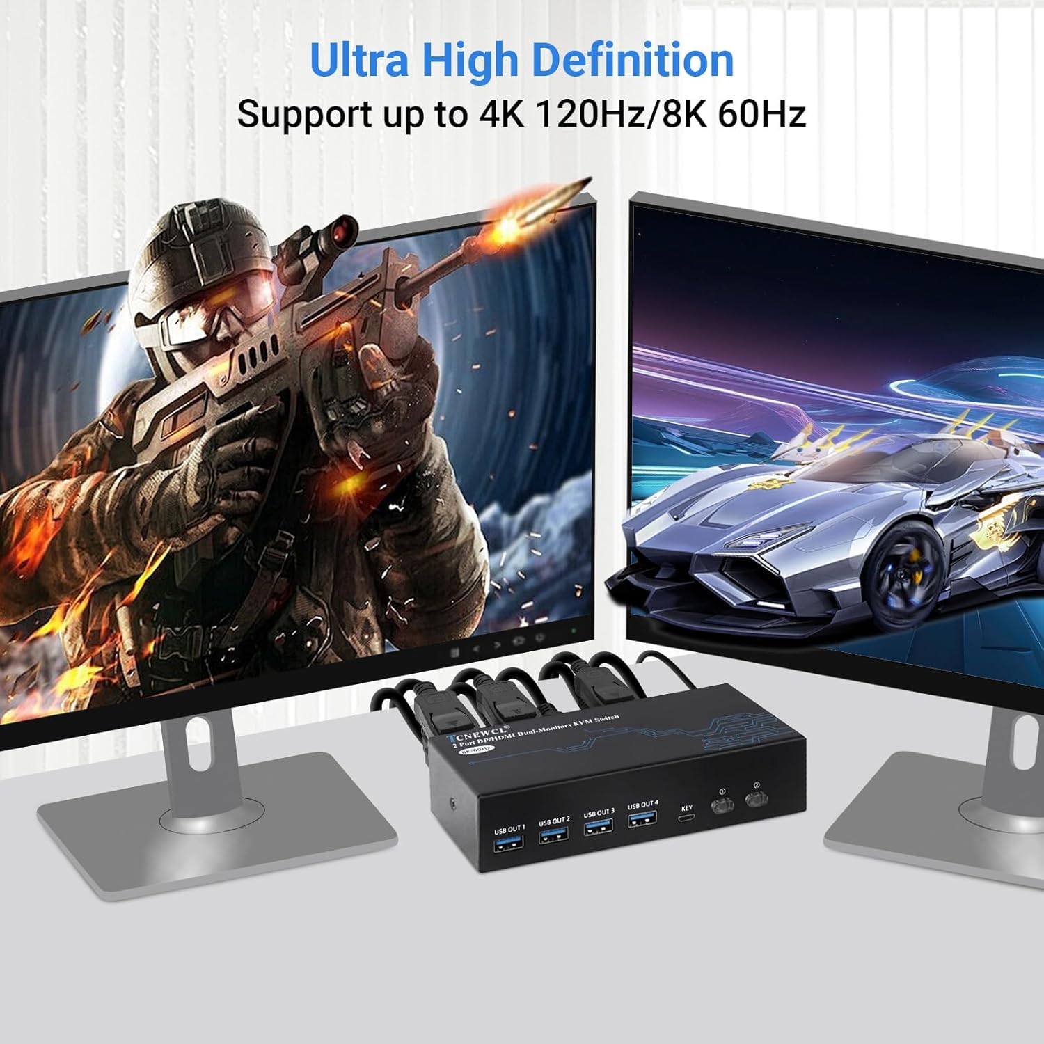 TCNEWCL HDMI Displayport KVM Switch 2 PC 2 Monitor, 8K 60Hz 4K 120Hz, USB 3.0 e Dual Monitor, Support Extended & Copy Mode, con 2 Cavi HDMI+DP+USB e Controller Desktop