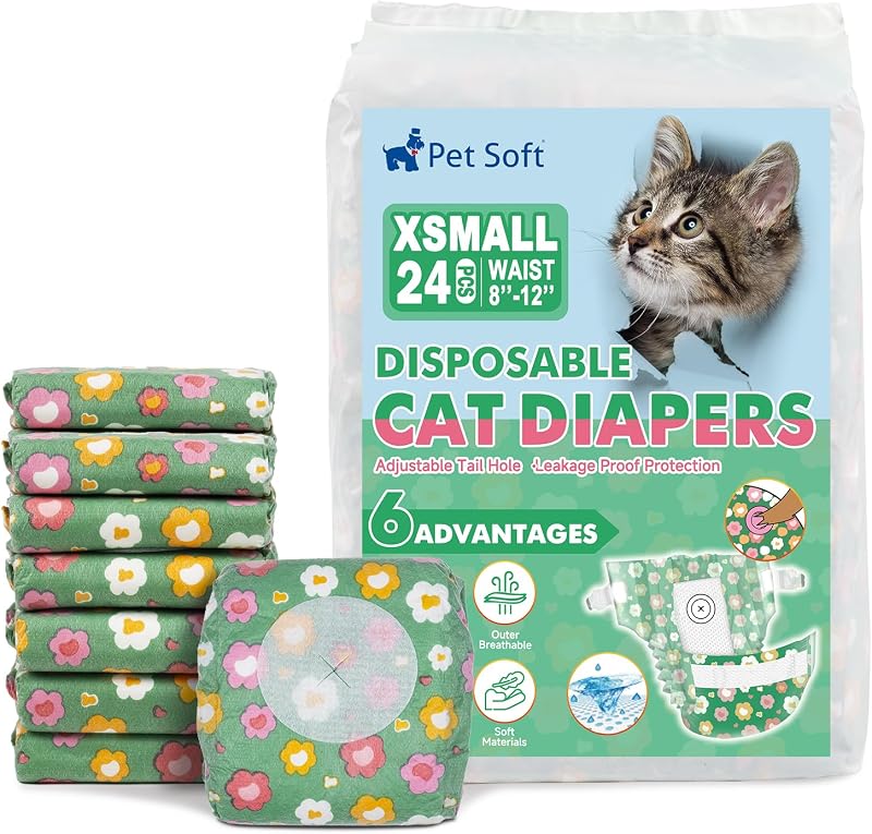 Pañales desechables suaves para gatos, pañales para gatos hembras y machos, pañales para cachorros para perros hembras con orificio de cola de espuma ajustable, X-Small (24 piezas, flores GN)