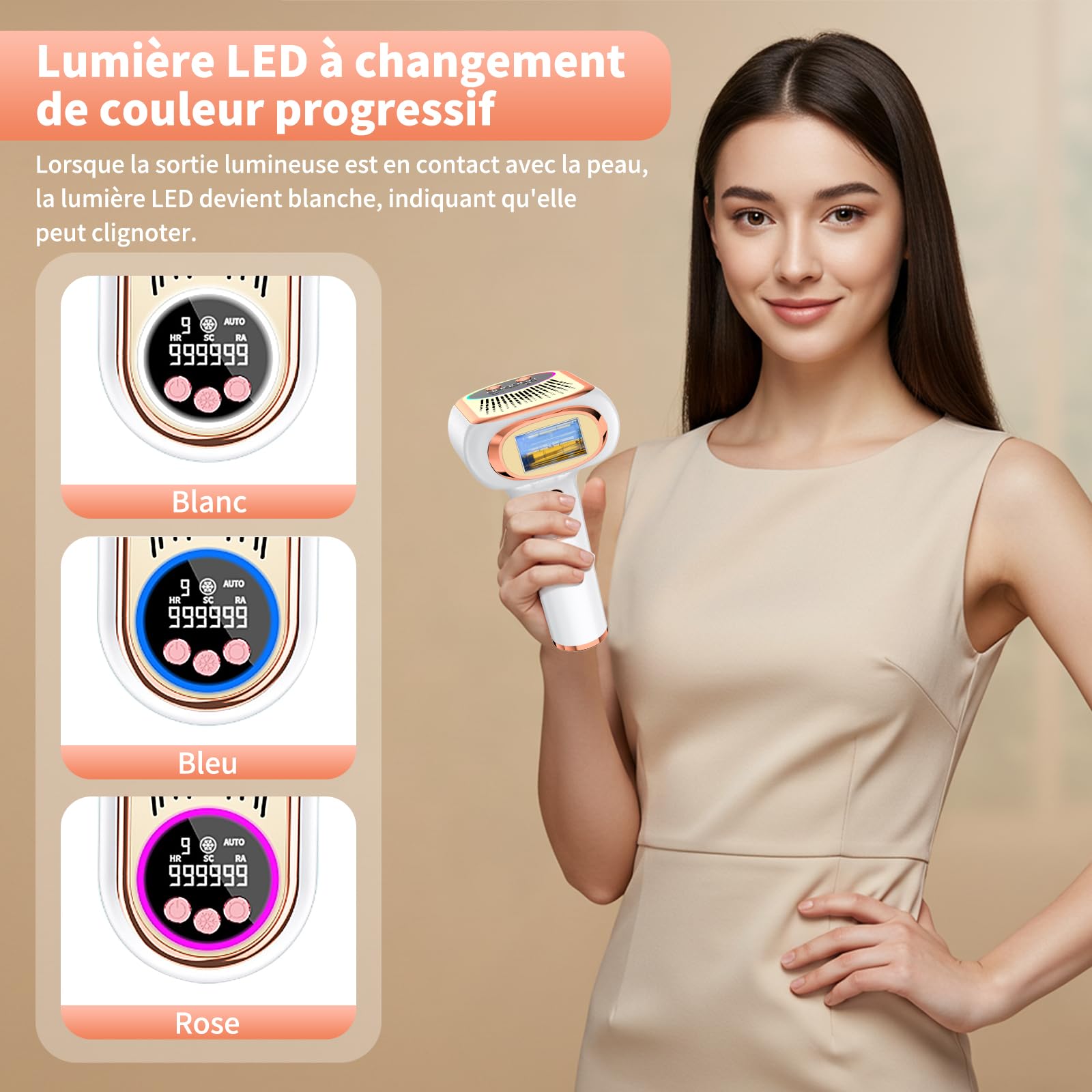 NIKYJM Épilateurs lumière pulsée, 6.8cm² Gros Calibre Épilation laser IPL, 9 Vitesses et 3 Fonctions HR/SC/RA, Appareil d'épilation (Or rose)