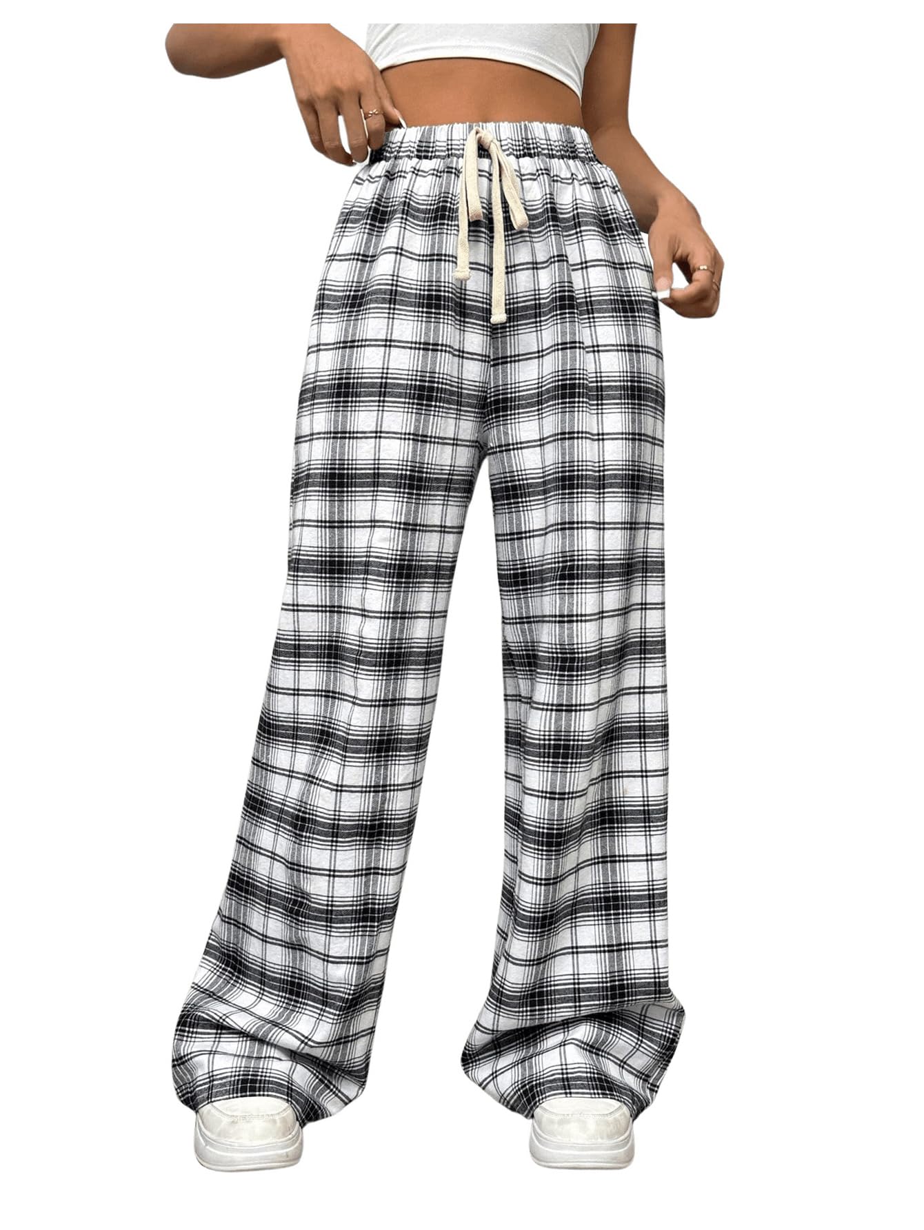 MakeMeChic Womens Plaid Pants Elastic Waist Wide Leg Loose Casual Trousers