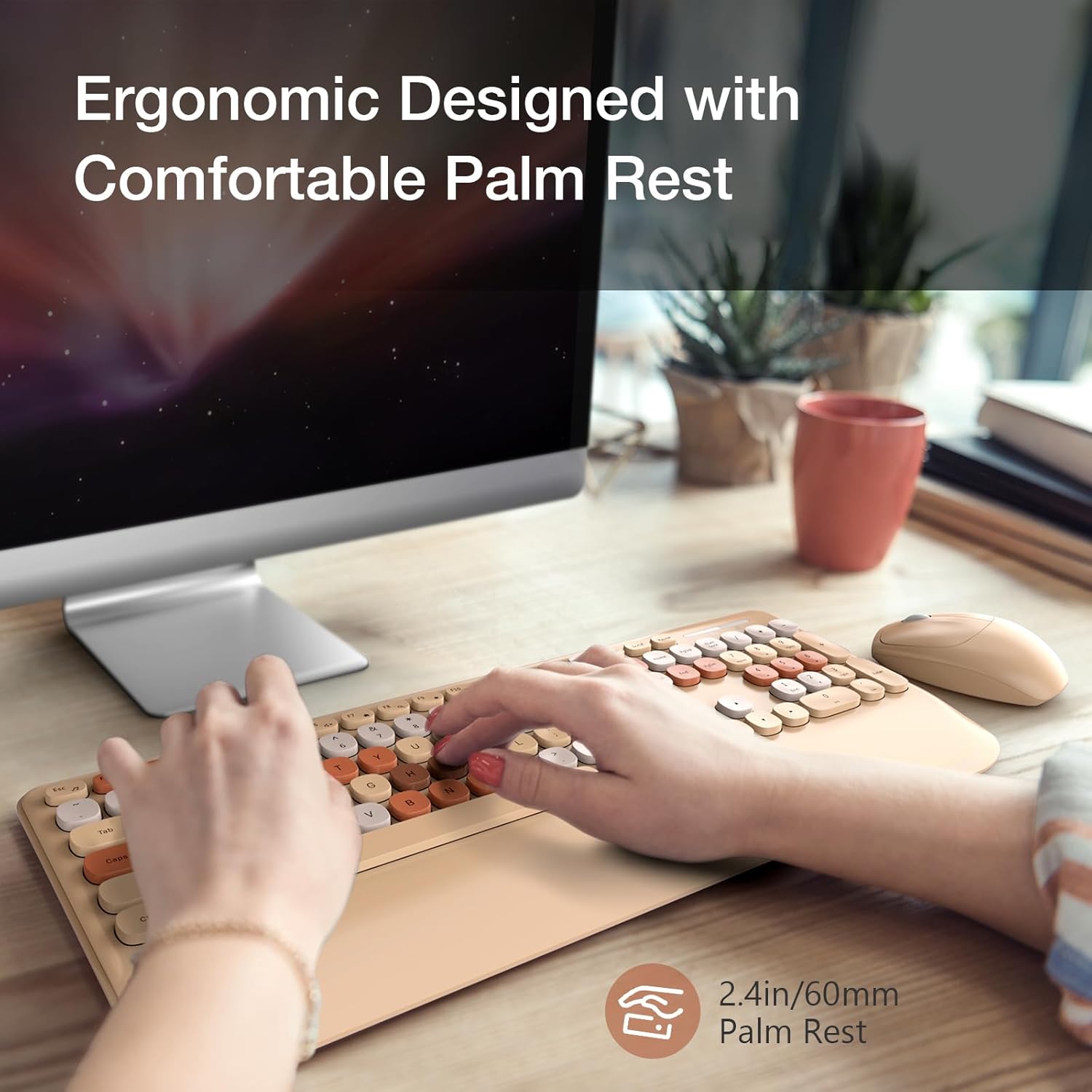 GEEZER Wireless Keyboard and Mouse Combo Milk Tea Color, 106 Keys Less Noise Full-Size 2.4G Ultra-Slim Colorful Keyboards with Palm Rest, One USB Nano Receiver for Windows/Mac/Laptop/PC