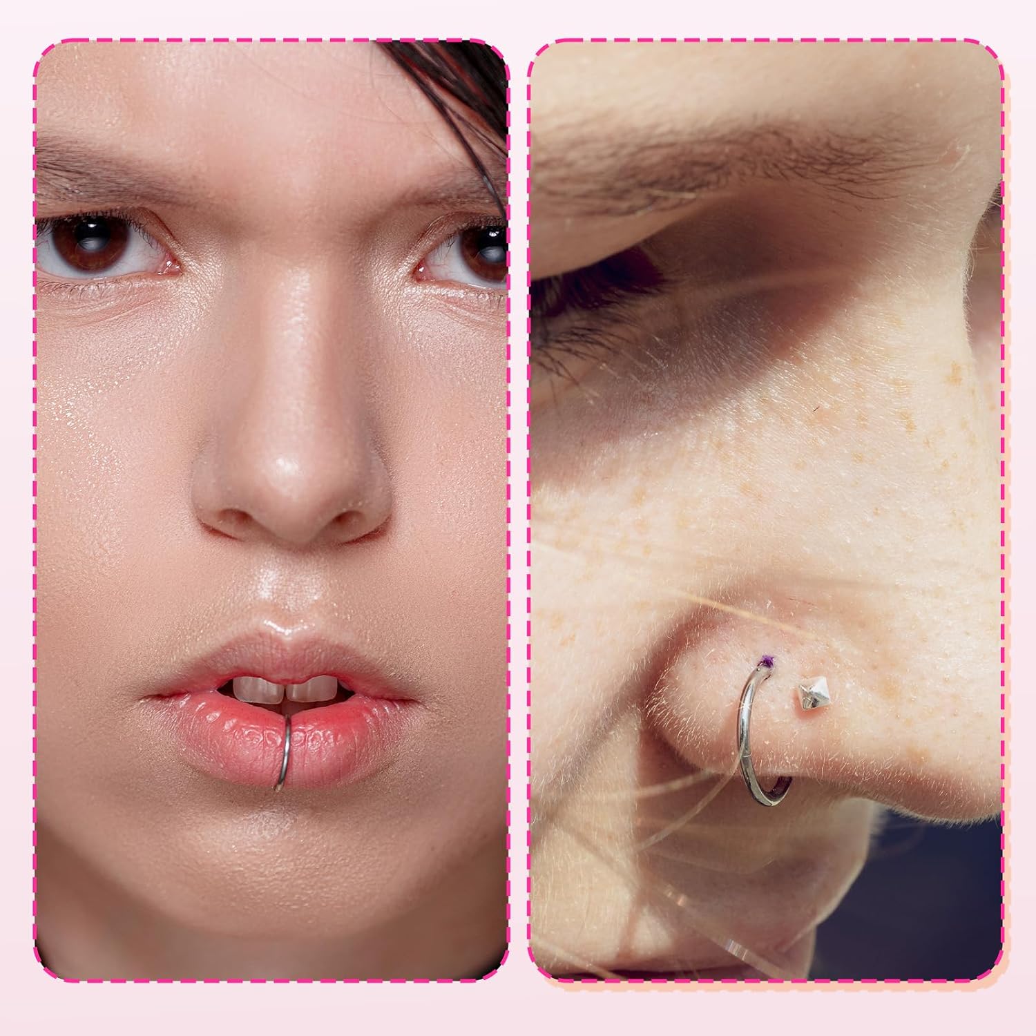 Skrfren 15 PCS 20G 8mm Fake Nose Rings Set, 3 Styles Stainless Steel Faux Nose Hoops, Non Pierced Clip On Lip Septum Rings, Piercing Jewelry for Women Men Halloween Party Daily Wear (Multicolor)