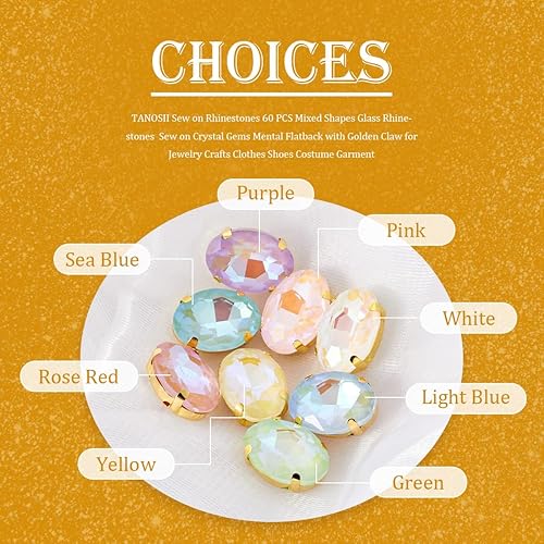Miniatura 6 de TANOSII 60 diamantes de imitación para coser con formas mixtas, gemas de cristal con parte trasera plana mental con garra dorada para joyas,