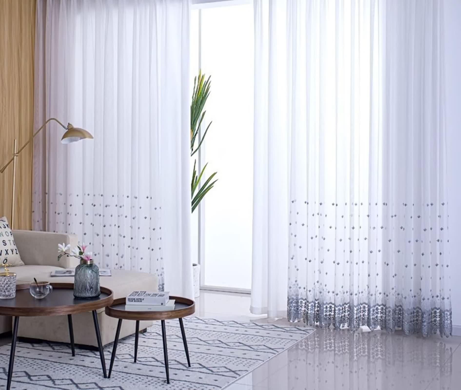 Rideaux Salon Gris, Voilage Rideau Salon Polyester Coton Motif de Broderie en Dentelle 2 Pièces LxH 300x270cm