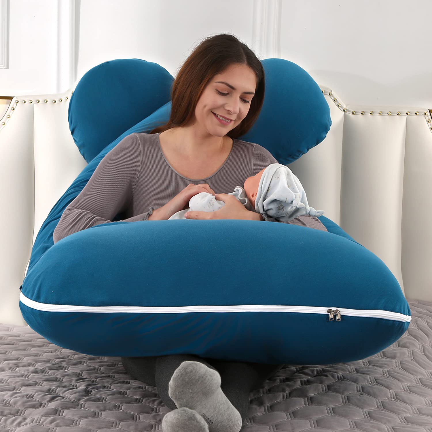 Cuscino Gravidanza A Forma Di U AS AWESLING - Per Dormire, Allattamento, Supporto Schiena E Gambe, Copertura Velluto Blu