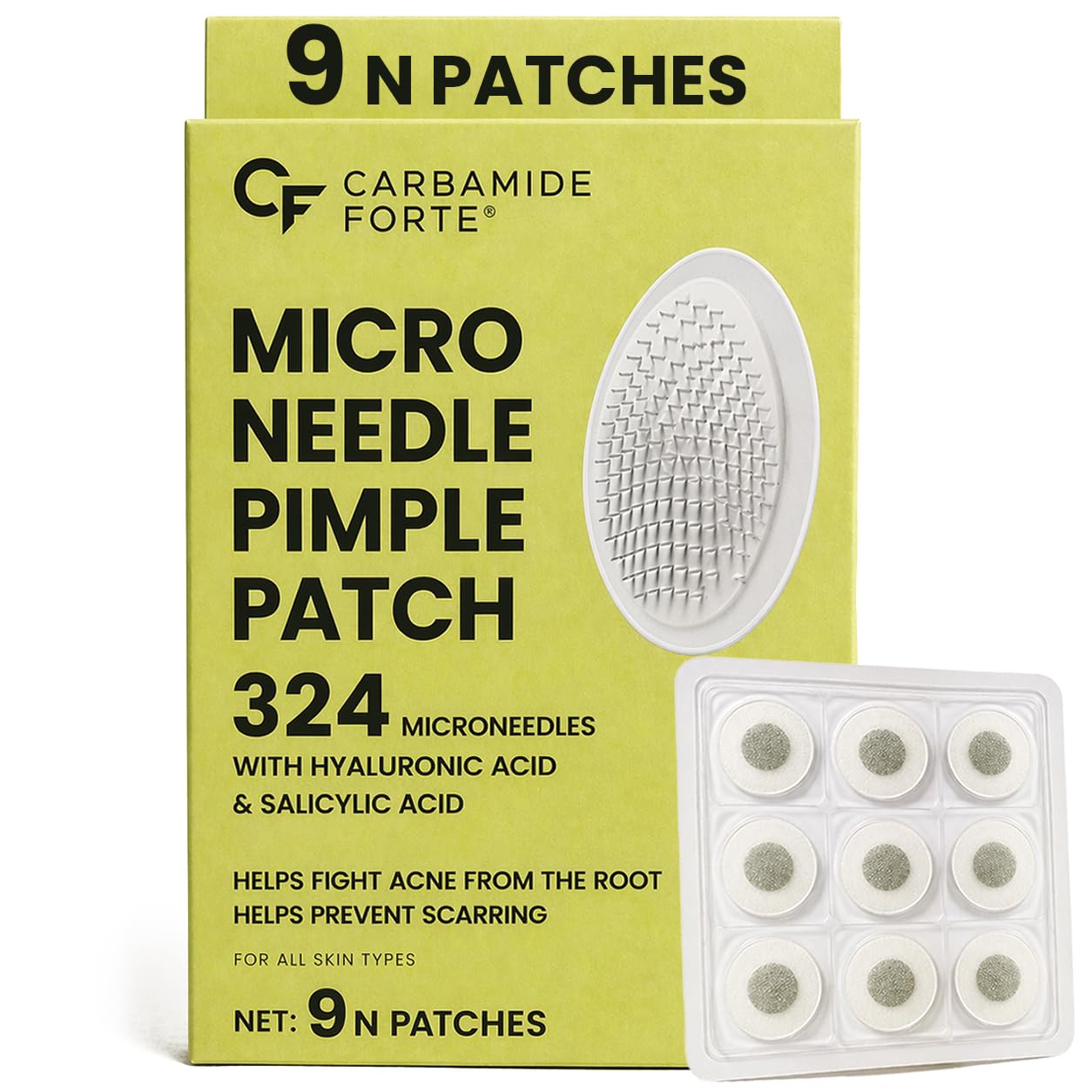 Carbamide Forte Microneedle Pimple Patches | 324 Microneedles | Pimple Patches for Face Salicylic Acid & Hyaluronic Acid | Invisible Waterproof Acne Patches for Women and Men | For All Skin Types - 9 Patches