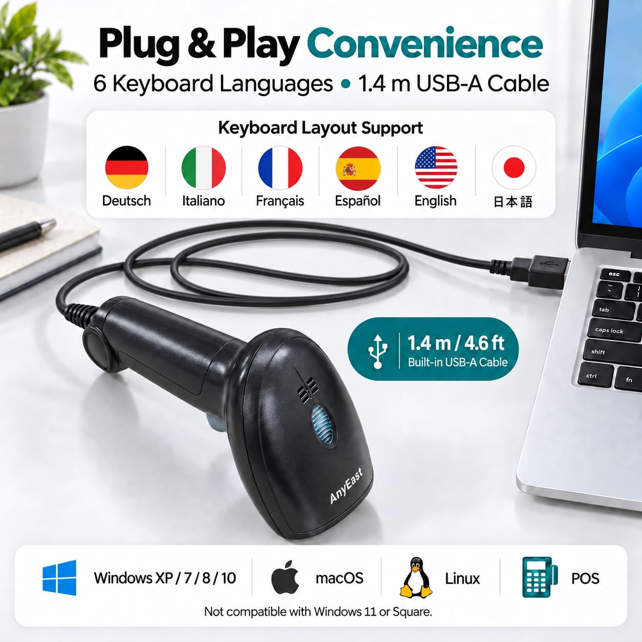 Anyeast - Scanner per codici a barre con supporto, USB cablato, scanner di codici 2D 1D per computer, supporto POS, scansione automatica dello schermo, lettore di codici a barre CMOS per