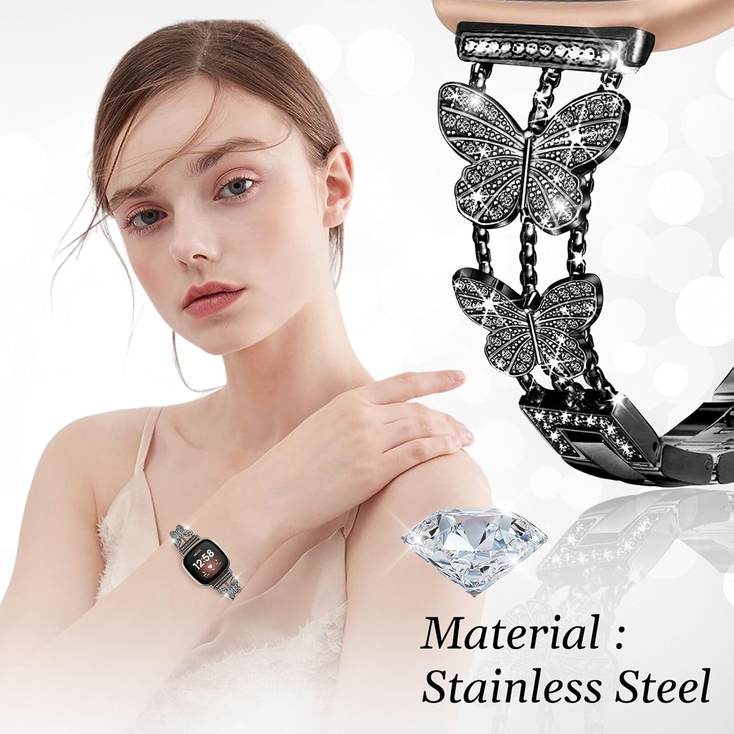 Bling Metal Band, Compatible for Fitbit Versa 4/Sense 2/Versa 3/Sense Band, Diamond Butterfly Stylish Worn Daily Women Adjustable Strap for Fitbit Smartwatch - Image 3