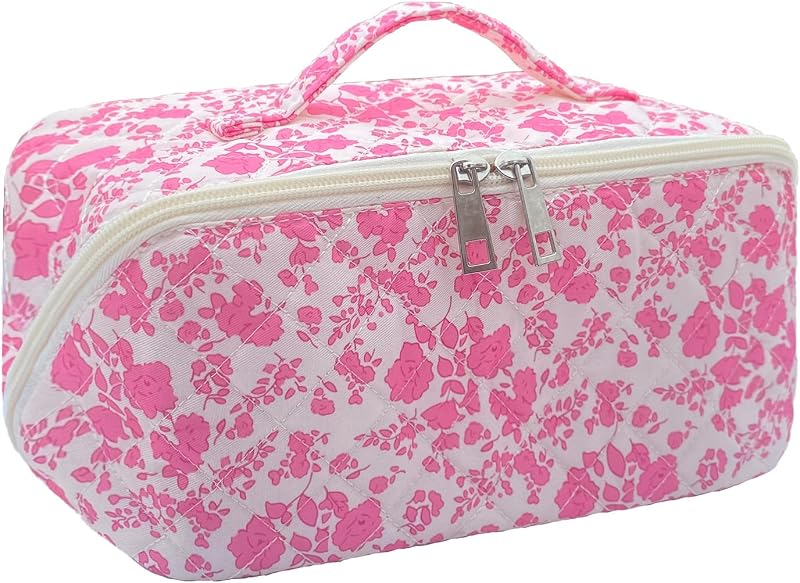 Necessaire de maquiagem floral acolchoada rosa WYJ com zíper e abertura plana